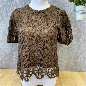 Ultra Pink Mocha Floral Crochet Overlay Blouse M Puff Sleeve Elastic Cuff, Lined
